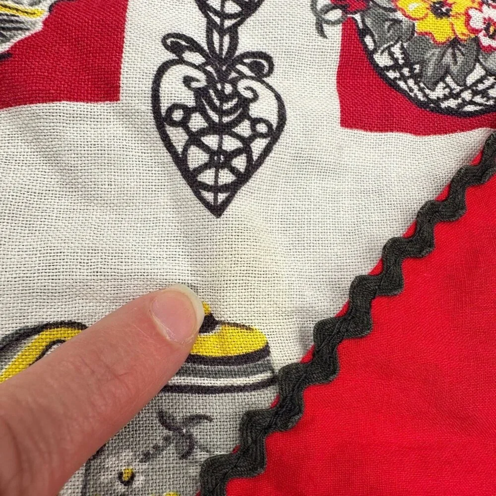 Vintage Handmade Kitchen Apron Pocket Retro Kitschy Red White Yellow Ties